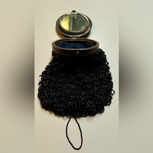 Antique Art Deco Blue Iridescent tassel beaded mirror pouch~Silver Repousse Lid